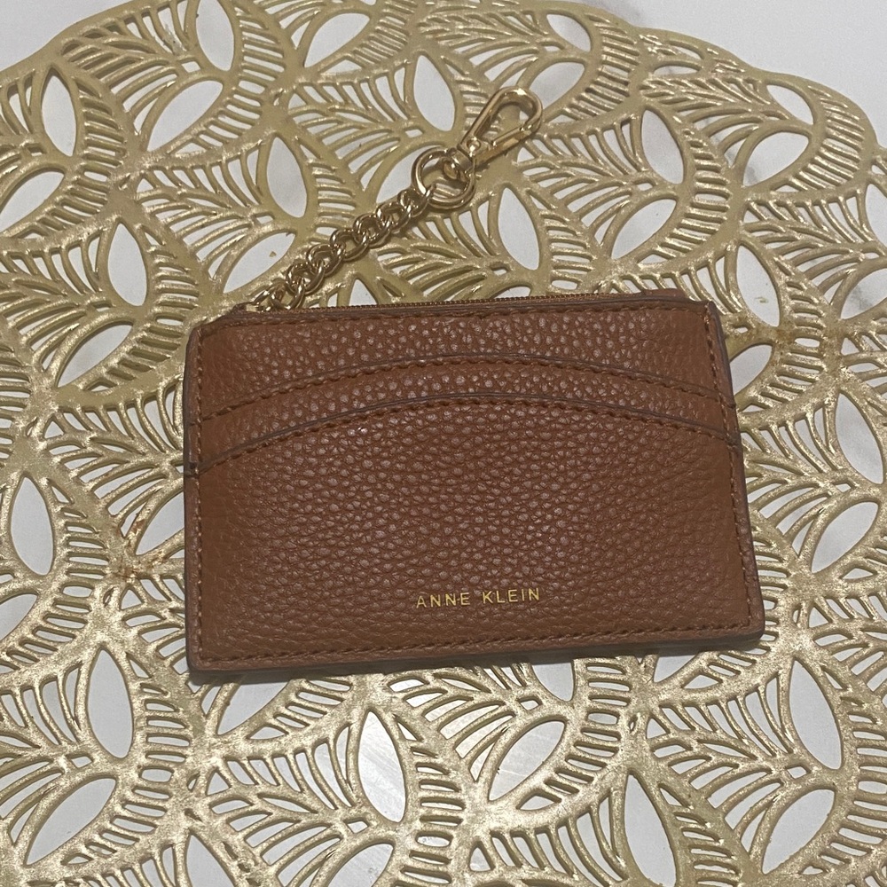 Anne Klein Tan Leather Card Holder with Gold Chain